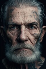 Fototapeta na wymiar Detailed portrait, a old man close up with face tattoos. 90s analog photography style. AI Generate
