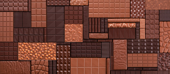 heap milk and dark chocolate background. various cocoa bars, top view