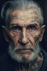 Fototapeta na wymiar Detailed portrait, a old man close up with face tattoos. 90s analog photography style. AI Generate