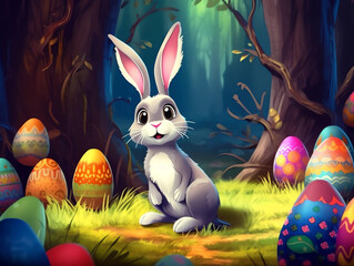Cute bunny in a forest with easter eggs