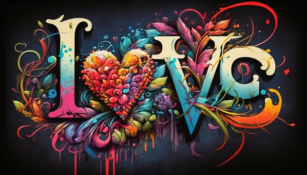 LOVE graffiti style with flowers and hearts, valentine concept. Generative AI