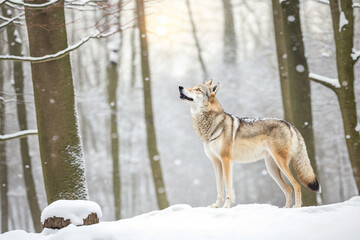 A wolf stands in the snowy forest in winter.
