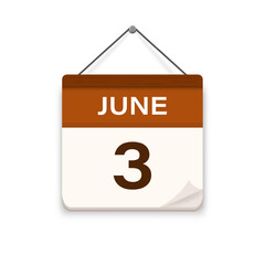 June 3, Calendar icon with shadow. Day, month. Meeting appointment time. Event schedule date. Flat vector illustration. 