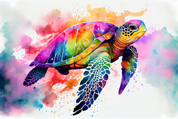 Illustration of multicolored sea turtle swimming amidst stains of watercolor paint. Generative AI
