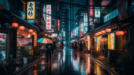 Fototapeta na wymiar A bustling street in Tokyo filled with neon lights and vibrant colors Generative AI