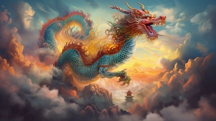 Fototapeta na wymiar A majestic Chinese dragon soaring through the clouds Generative AI