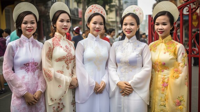 A group of women dressed in traditional Vietnamese ao dai costumes Generative AI