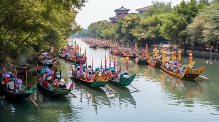 Fototapeta na wymiar A colorful Chinese dragon boat festival on a river Generative AI
