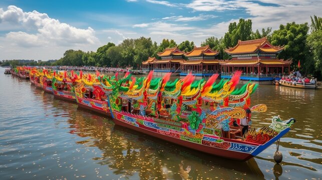 A colorful Chinese dragon boat festival on a river Generative AI