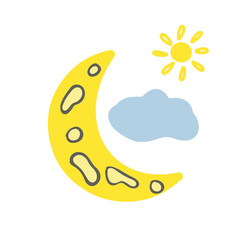 Crescent with cute cloud and sun. Hand drawn yellow half moon for childish design. Illustration of celestial globe for kids