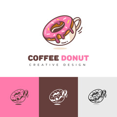 Cartoon Coffee Cup And Donut Logo. Shop bakery store doughnut icon or label with pink sweet cream. Set option color full
