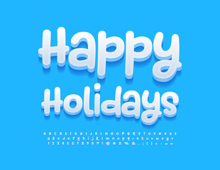 Vector greeting card Happy Holidays. Playful White Font. 3D cute Alphabet Letters, Numbers and Symbols set