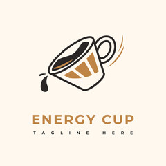 Energy Battery Coffee Cup Logo. Emblem Mug with a hot drink. Vector flat