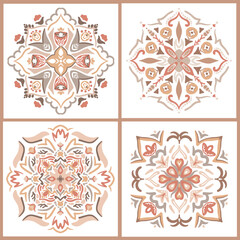 Collection of ceramic tiles in turkish style. Seamless colorful patchwork from Azulejo tiles. Portuguese and Spain decor. Islam, Arabic, Indian, Ottoman motif. Vector Hand drawn background