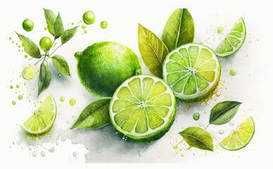 Obraz na płótnie Canvas Drawn lime on white background watercolor tropical fruit organic food illustrations Generative AI