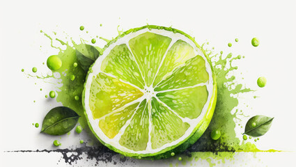 Fototapeta na wymiar Drawn lime on white background watercolor tropical fruit organic food illustrations Generative AI
