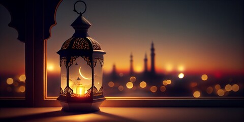Ramadan Kareem Moon And Arabian Lantern With Blue Sky.Eid Ul Fitr. AI Generative
