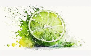 Drawn lime on white background watercolor tropical fruit organic food illustrations Generative AI