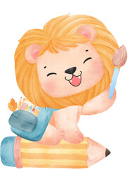 cute watercolour baby lion animal kid reading book, back to school cartoon character illustration