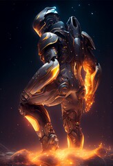 Fototapeta na wymiar Illustration of person in futuristic spacesuit walking on glowing lava against dark background. Generative AI