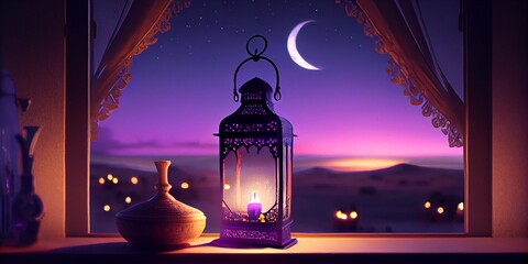 Fototapeta Ramadan Kareem Moon And Arabian Lantern With Blue Sky.Eid Ul Fitr. AI Generative obraz