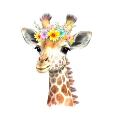 Watercolor cute hand drawn giraffe. Giraffe in floral wreath flowers bouquet. Generative ai