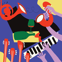 Colorful flat hand-drawn poster for a cocktail party with live music. Celebration, enjoying the occasion in club-vector illustration. Artsy design for a get-together. Fiesta flyer. Bash invitation.