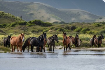 Fototapeta na wymiar Wild horses at the Botrivier (Botriver) Estuary at Rooisand Nature Reserve. Kleinmond, Whale Coast, Overberg. Western Cape. South Africa. Generative AI