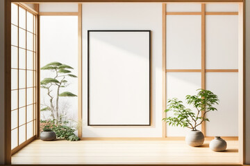Fototapeta na wymiar Rectangular vertical frame mockup in Japanese room style interior. Generative AI.