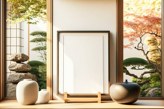 Rectangular vertical frame mockup in Japanese room style interior. Generative AI.