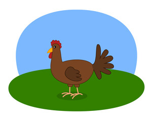 Illustration of a brown hen with green meadow and blue sky