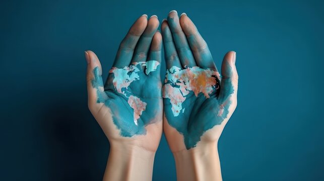 Female hands, painted in the world map, forming heart shape isolated on blue background. Generative AI