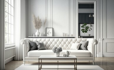 modern Interior of living room panorama with sofa, lamp and plants