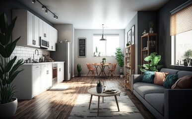 Fototapeta na wymiar modern Interior of living room panorama with sofa, lamp and plants