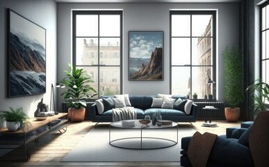 modern Interior of living room panorama with sofa, lamp and plants