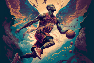 Fototapeta na wymiar AI generated illustration of strong African American male in sportswear and sneakers jumping above ground with basketball in hand