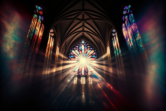 Generative AI illustration of cathedral interior with multicolored stained glass windows letting bright sunlight beams inside