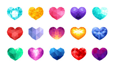 Set of polygonal geometric hearts in color, graphic elements