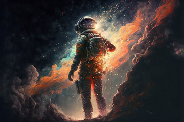 Obraz na płótnie Canvas AI 3d graphic design art of back view of male astronaut in spacesuit in open colorful space close to bright stars in futuristic video game