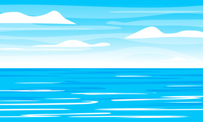 Blue sea with clouds on sky. Summer background with copy space. Vector illustration.