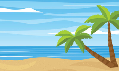 Fototapeta na wymiar Beach scene with a palm tree on the beach. Summer sea background. Vector illustration.