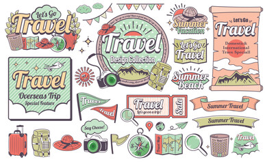 アメリカンビンテージ風クールでおしゃれな夏旅行・トラベルのタイトルデザインフレームとイラストのセット_くすみ暖色