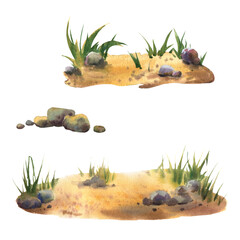 Set of Sandy ground with small rocks background. Watercolor illustration. Hand drawn natural rocks, grass and sand element. Nature sandy background element isolated on white background.