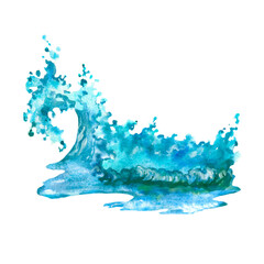 Water splash isolated on white. Sea wave. Abstract watercolor hand drawn illustration