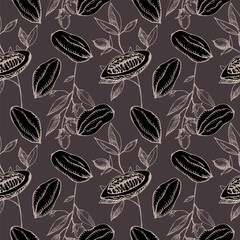 Seamless pattern with cocoa fruits and cocoa plant on a dark background. Lots of cocoa, repeating background. Drawn by hand.