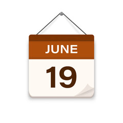 June 19, Calendar icon with shadow. Day, month. Meeting appointment time. Event schedule date. Flat vector illustration. 