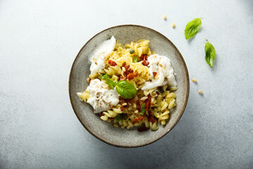 Pasta with fresh cheese and tomatoes
