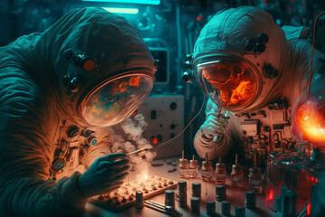 Fototapeta na wymiar AI sci fi 3d illustration of anonymous astronauts in spacesuits with space helmets testing smoking chemicals in dark laboratory of spaceship