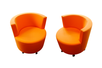 Photo of two vintage round orange chairs, isolated armchairs on transparent background, png file