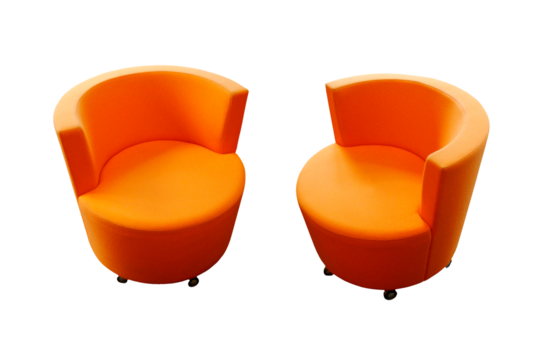 Photo of two vintage round orange chairs, isolated armchairs on transparent background, png file